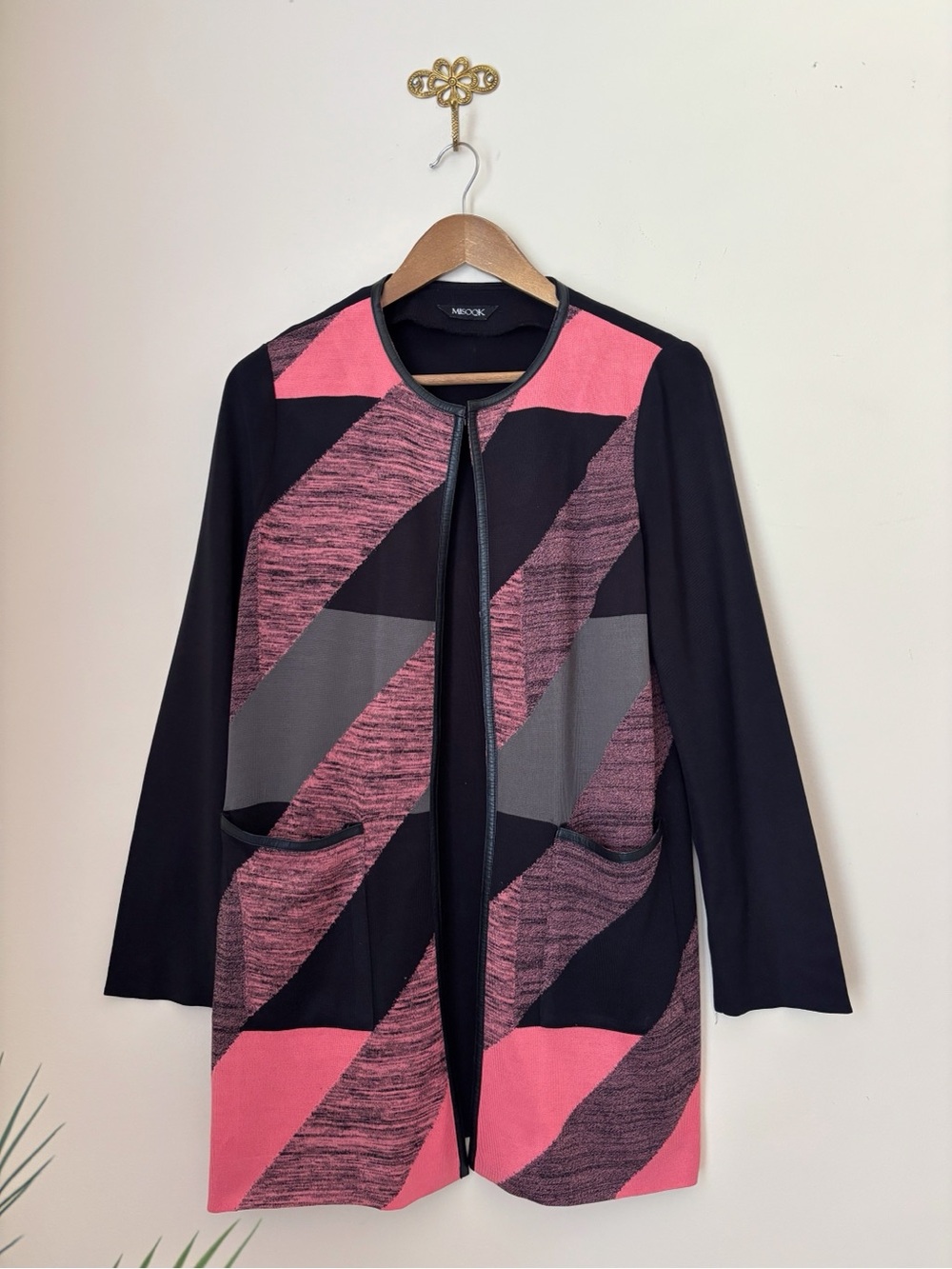 Misook Pink & Black Faux Leather Trim Longline Cardigan Sweater Medium